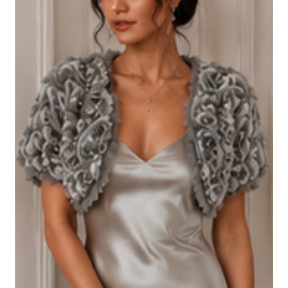 Tasha Tarno 100% Rabbit Fur Rosette Bolero Shrug Jacket Women's M Gray Couture